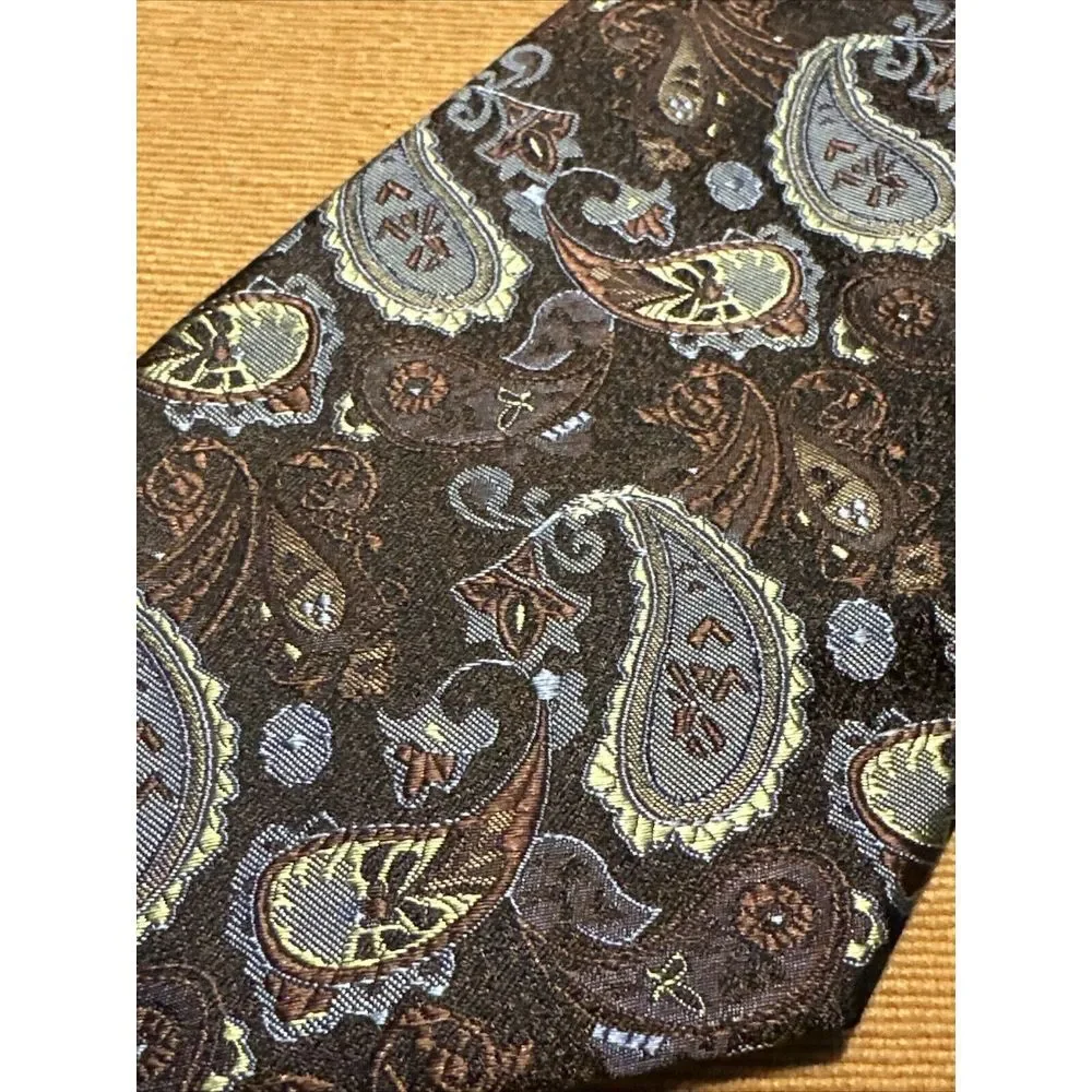 PRONTO UOMO Mens Classic Tie 100% Brown Tone Silk‎ Paisley Hand Made Necktie